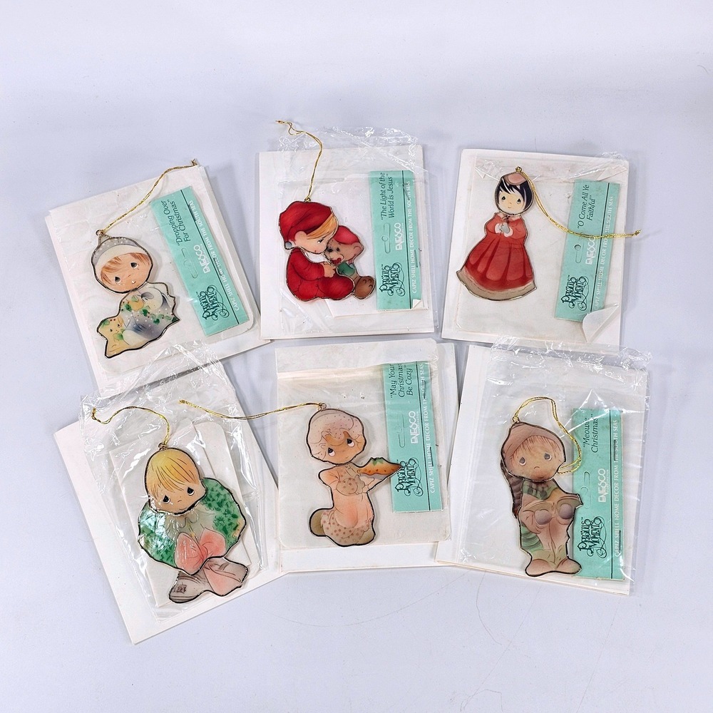 Vintage Precious Moments Capiz Shell Christmas Ornaments Enesco Set of 6 1991